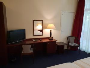 a hotel room with a desk with a television on it at Nol in 't Bosch in Wageningen