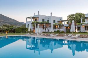a villa with a swimming pool in front of a house at Dioni Hotel in Skiros