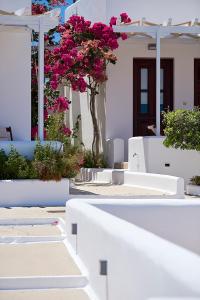 a white building with pink flowers on it at Mirabeli Apartments & Suites in Pollonia