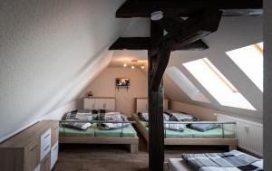 2 Betten in einem Dachzimmer mit Oberlichtern in der Unterkunft Buri Island in Hoyerswerda