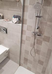 La salle de bains est pourvue d'une douche avec une porte en verre. dans l'établissement Apartamento "El Abuelo", à Calahorra