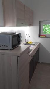a kitchen with a microwave on top of a counter at Apartments Nives in Mali Lošinj