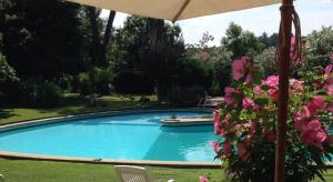 una grande piscina blu con ombrellone di Villa Albina a Roma
