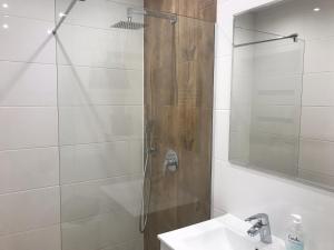 a bathroom with a shower with a sink and a mirror at ApartamentLeśna12Hel in Hel