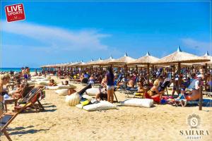 a crowd of people sitting on a beach with umbrellas at Vasilia in Nea Irakleia