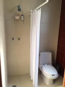 uma casa de banho com uma cortina de chuveiro branca e um WC. em Amplio departamento en la mejor zona de polanco em Cidade do México