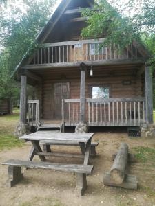 a picnic table in front of a log cabin at Kempings Ozianna in Naujene