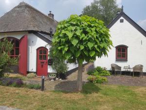 a white house with a red door and a tree at B&B Het Bakhuis in Loenen