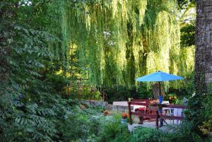 um banco e guarda-sol num jardim com uma árvore de choro em Le Moulin du Bignon em Lassy