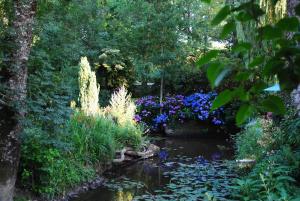 um jardim com um lago com flores e um riacho em Le Moulin du Bignon em Lassy