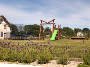 une aire de jeux avec un toboggan vert et des fleurs violettes dans l'établissement Willa Dwie Mewy, à Władysławowo