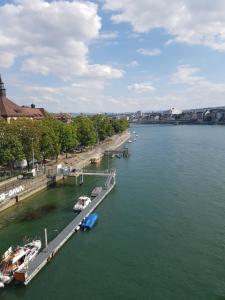 Blick auf einen Fluss mit Booten, die an einem Dock angedockt sind in der Unterkunft Apartment am Rhein in Basel