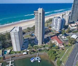 an aerial view of a city with a beach and buildings at Capricorn One Beachside Holiday Apartments - Official in Gold Coast