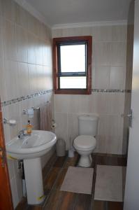 baño con lavabo y aseo y ventana en Alto Log Cabin en Madeteleli