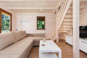 a living room with a couch and a table at Domki przy plaży Owocowy Ogród in Rewal