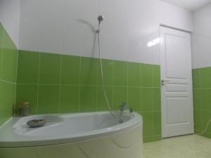 - une salle de bains verte et blanche pourvue d'une baignoire dans l'établissement Casa Cu Flori, à Mihai Viteazu