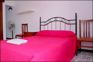 コニル・デ・ラ・フロンテーラにあるHabitación Velardeのベッドルーム1室(ピンクベッド1台、椅子2脚付)