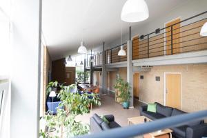 um quarto com sofás e vasos de plantas num edifício em Hotel Nordborg Sø em Nordborg