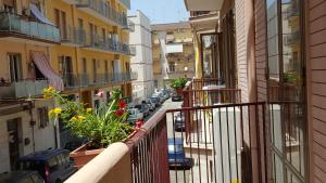 ein Apartment-Balkon mit Blumen und Autos auf einer Straße in der Unterkunft Vilmahouse in Mola di Bari