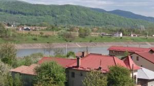 a village with a river and mountains in the background at Apartament cu 2 camere in Călimăneşti