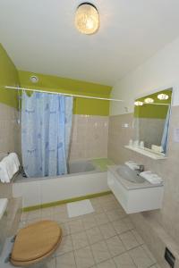 y baño con bañera, aseo y lavamanos. en Le Compostelle, en Vézelay