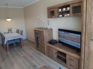 a living room with a television in a wooden entertainment center at Apartament Kinio in Gdańsk