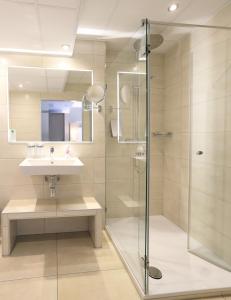 W łazience znajduje się szklana kabina prysznicowa i umywalka. w obiekcie Marburger Hof w mieście Marburg