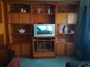 a living room with a television in a entertainment center at Encantador apartamento cerca de la playa in Malgrat de Mar