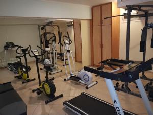 a gym with a bunch of exercise equipment in a room at Hotel Grand Nefeli in Vasiliki