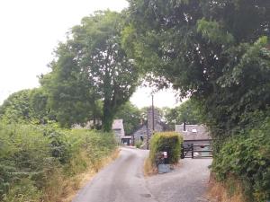 a dirt road in a village with a building and trees at The Bakery in Llanddeiniol