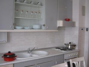 een keuken met een wastafel, een fornuis en kasten bij Apartments and Rooms Artemida in Dubrovnik