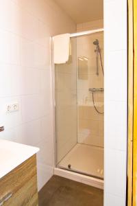 een douche met een glazen deur in de badkamer bij Brasserie/B&B De Pletsmolen in Nuth