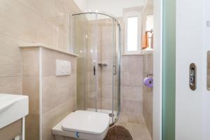 a bathroom with a shower with a toilet and a sink at Apartment NewCity in Novigrad Dalmatia