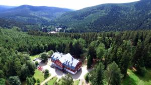 una vista aérea de una casa en medio de un bosque en Hotel Lesní Chata en Kořenov