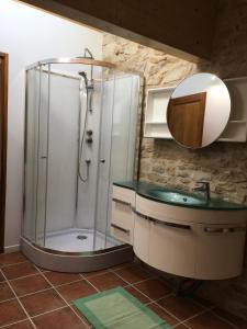 La salle de bains est pourvue d'une douche, d'un lavabo et d'un miroir. dans l'établissement Domaine du Colombier, Chambres d'Hotes, à Larroque