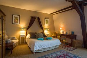 a bedroom with a bed with blue pillows on it at Le Patio & Spa in Saumur