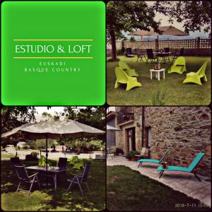 un collage di quattro fotografie di mobili in un cortile di Estudio y Loft Durango a Guyuria