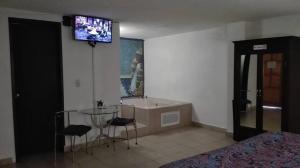 1 dormitorio con baño con lavabo y TV en la pared en Hotel Ollin Teotl en San Juan Teotihuacan