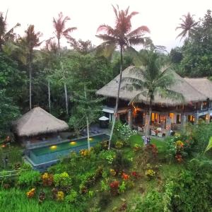 a house with a swimming pool and palm trees at Alami Villa in Ubud