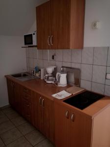 a kitchen with wooden cabinets and a counter top at Apartment Manda in Rakovica
