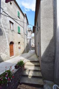 un callejón en un casco antiguo con edificios y flores en Luciano e Norma House Il Rustico, en Gerfalco