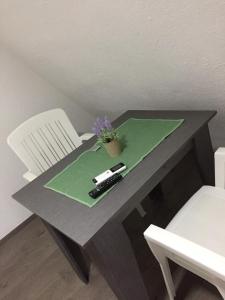 uma mesa com um controlo remoto num papel verde em Madzar Apartments em Star Dojran