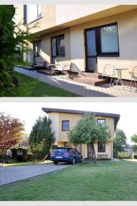 two pictures of a house with a car parked outside at Poilsis Dzūkų 10 A in Palanga