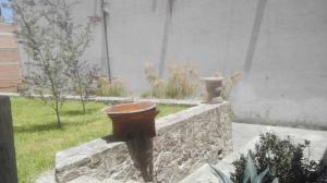 Ein Vogelbad steht auf einer Steinmauer in der Unterkunft Casa Villaliz in Toluca de Lerdo