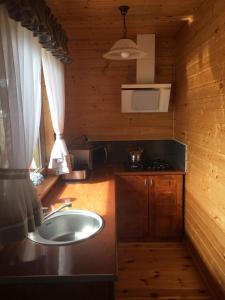 a kitchen with a sink in a wooden room at Domki Letniskowe "TROPIK" in Dębki