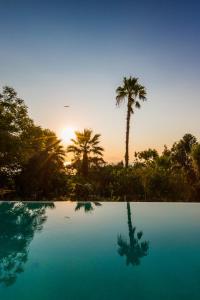 una piscina con palmeras y puesta de sol en Ionian Garden Villas - Villa Olea en Benitses