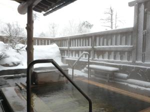 uma piscina de mergulho num deque na neve em Hotel & Onsen 2307 Shigakogen em Yamanouchi