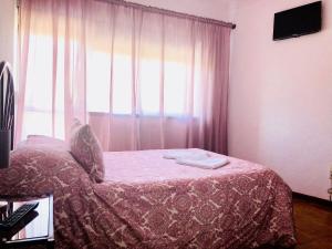 ein Schlafzimmer mit einem Bett mit einer rosa Decke und einem Fenster in der Unterkunft Suites Do Pinhal in Proença-a-Nova