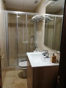 een badkamer met douche, wastafel en toilet bij Apartamento Aldama en el centro de Sanlúcar de Barrameda in Sanlúcar de Barrameda +12 foto's