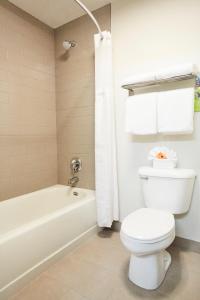 a bathroom with a white toilet and a bath tub at Radisson Hotel Portland Airport in Portland